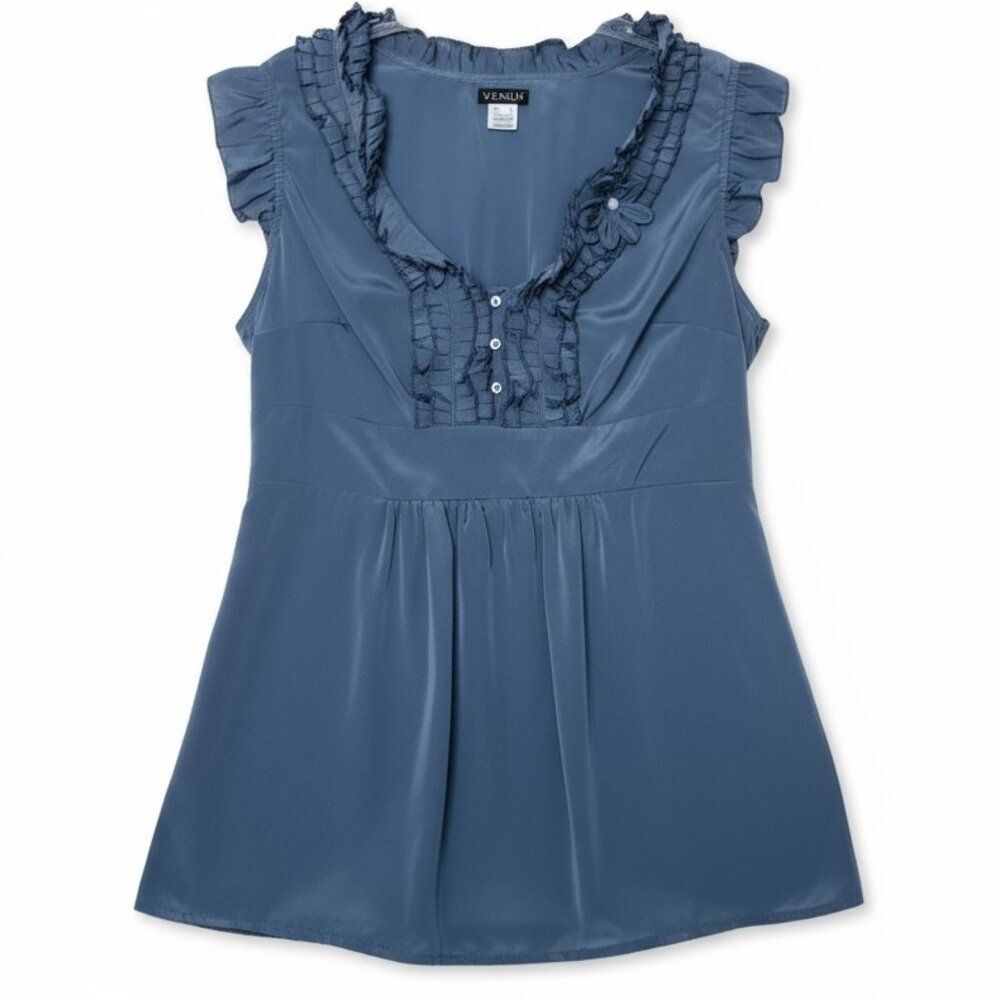 Venus Women's Size 14 Blue Gray Metallic Ruffle Collar Short Sleeve Top - Picture 3 of 8